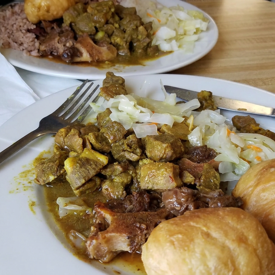 Plates of curried meat, beans, rice, cabbage, and golden fried dough served on a wooden restaurant table.
