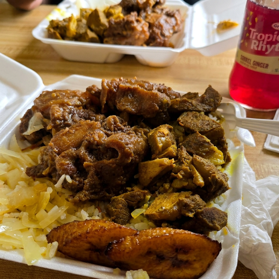 Takeout container filled with rice, curried meat, vegetables, and fried plantains beside a bottle of Tropical Rhythm ginger drink.