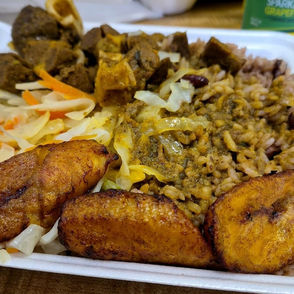 Takeout container filled with grilled meat, rice and beans, stewed vegetables, and fried plantains on a wooden table.
