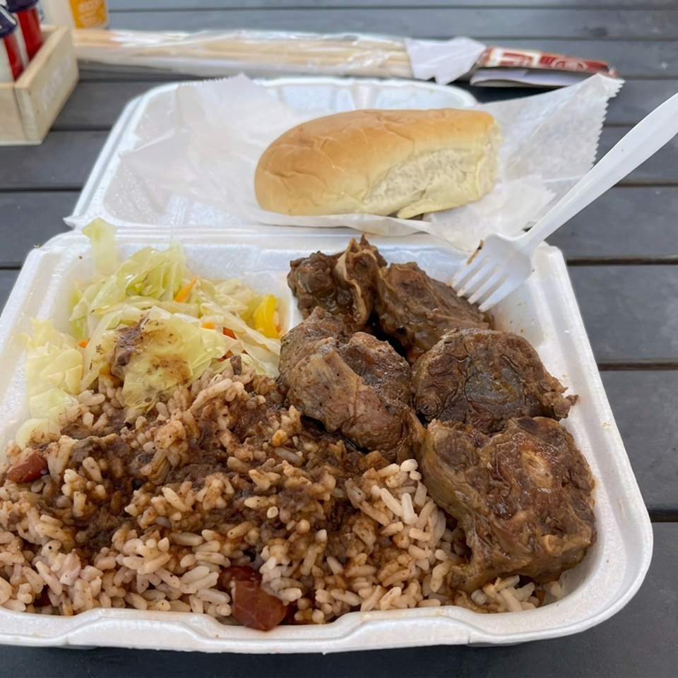 Takeout container with seasoned rice, grilled meat, coleslaw, and a bread roll on a picnic table.