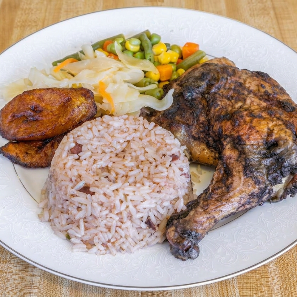 Grilled chicken leg served with brown rice, fried plantains, mixed vegetables, and cabbage on a white plate.