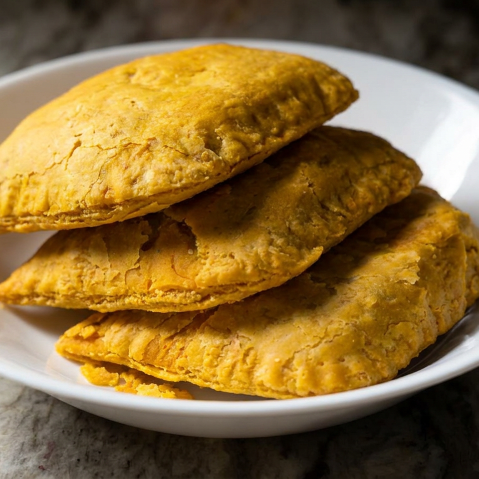 Stack of golden-brown flaky pastries served on a white plate atop a granite countertop.