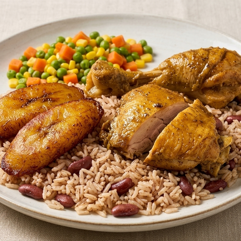 Plate of seasoned chicken, rice and kidney beans, fried plantains, and mixed vegetables.
